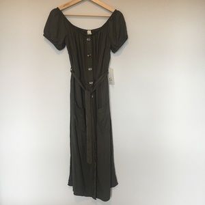 Olive Green Midi Dress off shoulder puff sleveeve